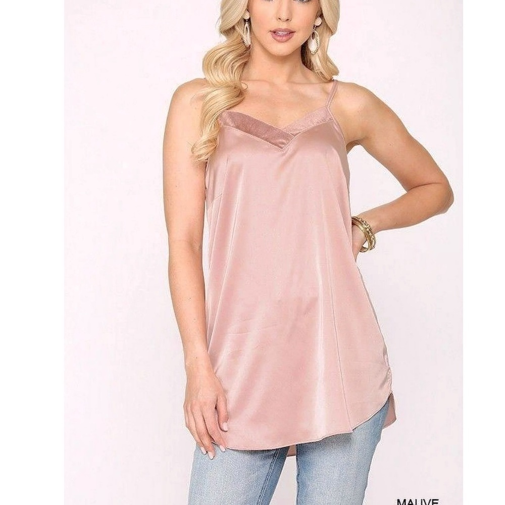 3/$20 Gigio Pink Rose Satin Chemise Camisole Top Adjustable Straps Velour Trim